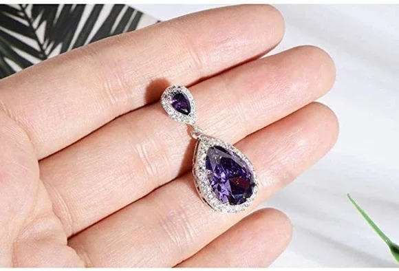 18k Plated Amethyst Teardrop CZ Crystal Cubic Zircon Rhinestone Necklace Earring - Picture 3 of 6